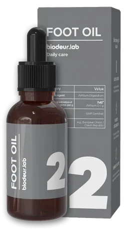 Nový obal Foot Oil Biodeur.lab, tmavá lahvička s velkou číslicí 2